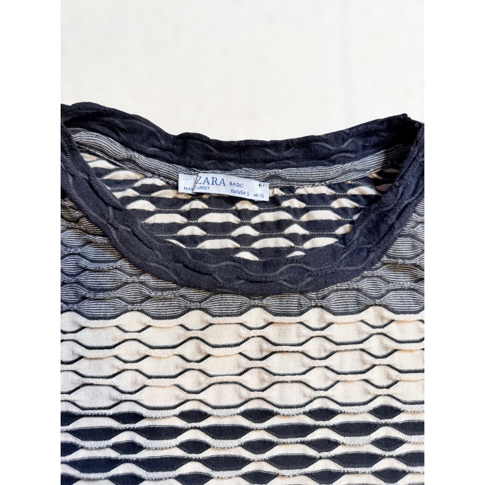 Zara‎ Basic Women Black Grey Striped Textured Popcorn Knit Short Sleeve Top S - Picture 3 of 5